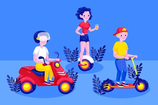 Niños manejando carro y scooter eléctricos