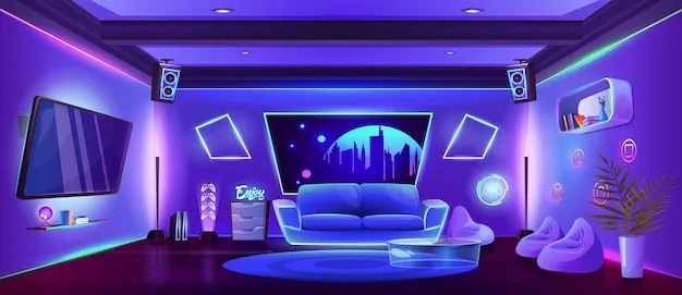 Sala gamer con sofá e iluminación neón